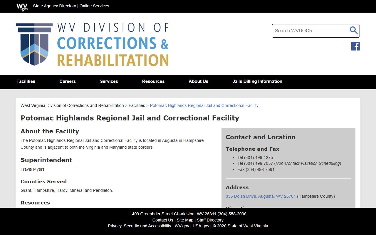 Potomac Highlands Regional Jail and Correctional Facility page for Hampshire County inmate records