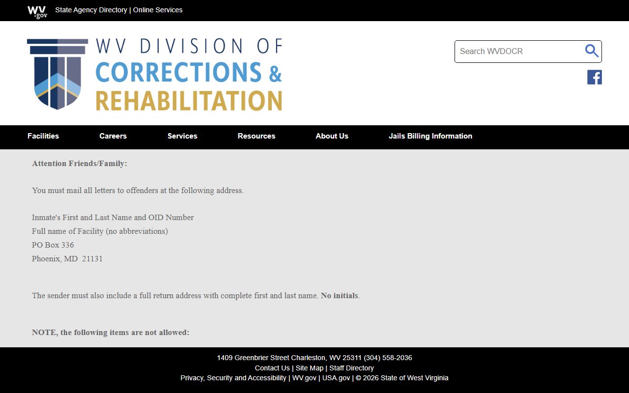 Hampshire County inmate mail rules for Potomac Highlands through WVDCR