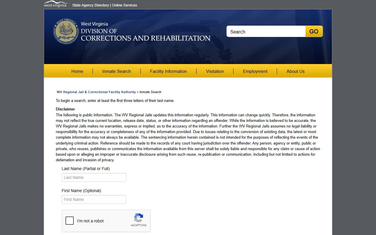 Hampshire County inmate search fields on the WV Regional Jail offender search